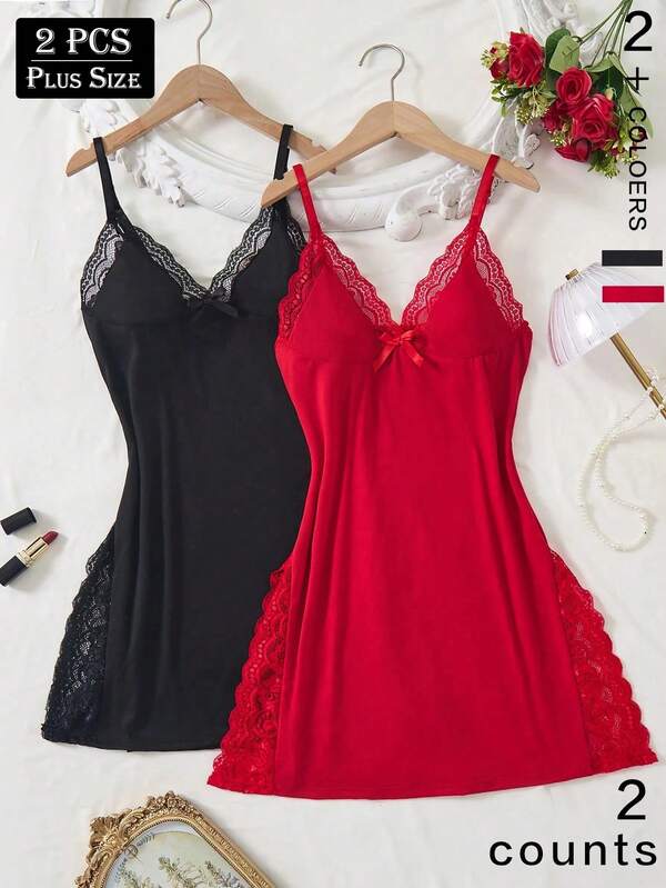 2pcs Plus Size Women Lace Patchwork Bow Decor Sexy Slit Camisole Nightgown And Sleepwear, Plus Size Women Lingerie Set