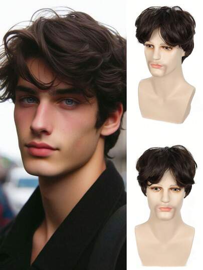 男士短款棕色假发帅气男士日常服装合成全假发自然棕色假发