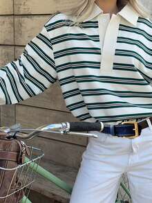 Women Striped Color Block Sweatshirt Lapel Collared Long Sleeve Oversized Rugby Shirt  Fall Clothes - Green - View 2