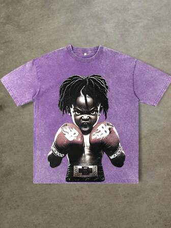 230g Men's Pattern T-Shirt, 1pcs 100% Pure Cotton Casual Street Portrait Little Boy Double-Sided Pattern T-Shirt, Retro Street Style Printed Round Neck Comfortable Casual Men's T-Shirt