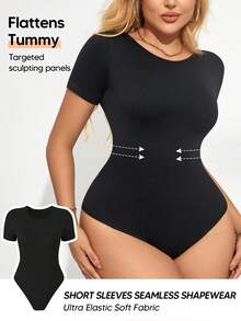 1件装女士罗纹塑身连体衣，收腹无缝塑形内衣训练器，圆领短袖连体衣 - 黑色 - 查看 1