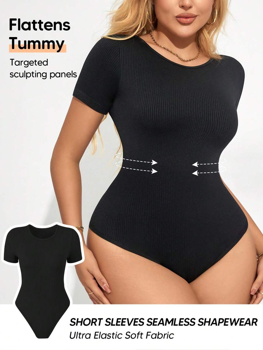 1件装女士罗纹塑身连体衣，收腹无缝塑形内衣训练器，圆领短袖连体衣 - 黑色 - 查看 1