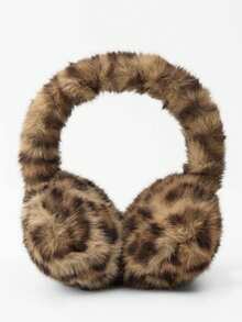 1 Piece Winter Leopard Print Style Earmuffs With Faux Rabbit Fur, Plush Fluffy Earmuffs, Windproof Foldable Earmuffs Winter Accessories Fall - Coffee Brown - View 3