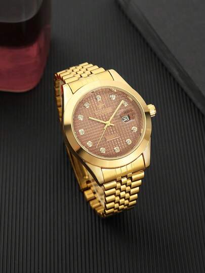  RICECGO 1pc Men's Business Quartz Watch, Luxury Golden Stainless Steel Watch, Suitable For Daily Wear, Holiday Gift, Family Gatherings And Business Meetings Ideal Choice