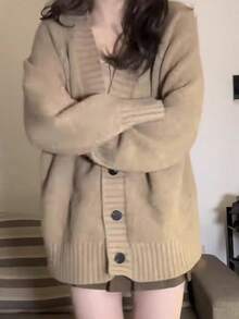 Chaqueta de punto de las mujeres chaqueta de tweed mujer otoño e invierno suelto perezoso viento delgado cardigan jumper versátil suéter de punto tops - Camel - Ver 4