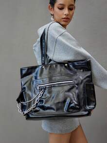 DareSee 1 chiếc túi tote dung tích lớn, kiểu dáng sinh viên, chất liệu da PU bóng, có khóa kéo trang trí, túi xách thời trang nữ, túi tote đi học, đồ dùng cần thiết cho sinh viên mùa đông, quà tặng lễ hội âm nhạc. - màu đen - Xem 1