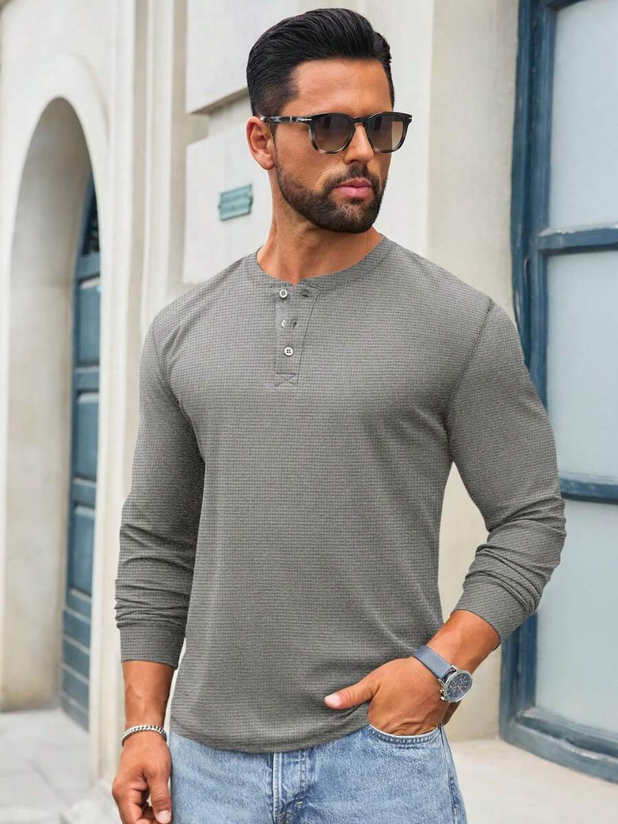 Men's Lightweight Waffle Henley Long Sleeve Shirt Casual Button Down Basic Top For Everyday Wear