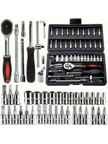 46pcs Wrench Tool Kit, Integrated Solution For Outdoor Emergency Car Repair, Suitable For Car, Bicycle And Motorcycle Repair, Also Includes A Multifunctional Combination Manual Tool Kit Wrench Set, No Battery Required, With 1/4" Drive Ratchet Wrench, Metric Sockets, Quick Release Mechanism - Professional Hand Tool Kit For Automotive Repair And DIY, No Assembly Required, Non-Power
