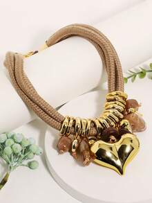 1pc Mixed Element Heart Pendant Necklace, Multi-Layer Chunky Rope Chain, Fashionable & Charming - Multicolor - View 4