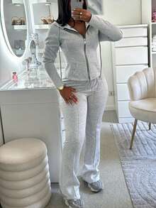 2 piezas Conjunto de sudadera con capucha para mujer con cremallera de color contrastante y cintura ceñida - Gris - Ver 9