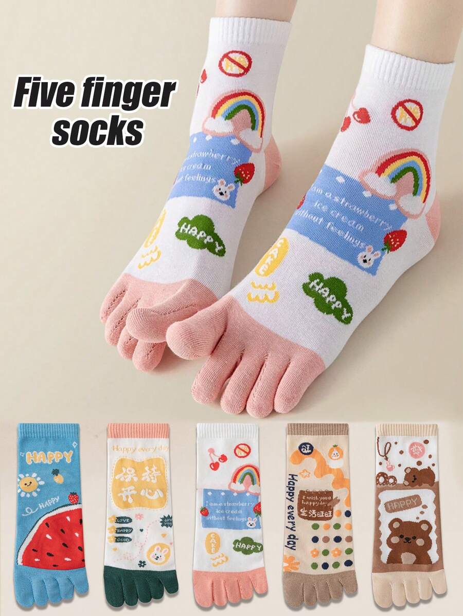 1/3/5 双女式卡通图案分趾袜，时尚中筒袜，百搭可爱长袜，适合春、秋、冬 - 彩色 - 查看 1