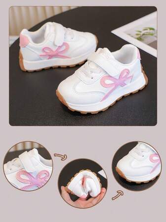 1双粉色蝴蝶结女童运动鞋，1双可爱女童鞋，1双PU材质女童鞋，1双魔术贴女婴鞋，1双四季休闲户外鞋，1双时尚百搭童鞋，鞋垫长度13.3-18.7厘米