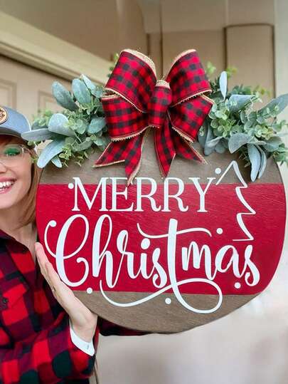 1pc 11.81inch Christmas Door Hanging Farmhouse Style Home/Office Party Decor - Faux Wood Holiday Decoration (Includes String For Easy Hanging) - Universal Christmas Front Door Decoration For Indoor And Outdoor Use, Holiday Wall Art, Joyful Design Christmas Decoration Home Decor Christmas Home Decor Christmas Decorations Room Decor