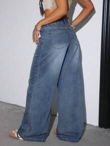 女士休闲宽松阔腿牛仔裤，带口袋，适合日常穿着 - 淺色水洗藍 - 查看 2