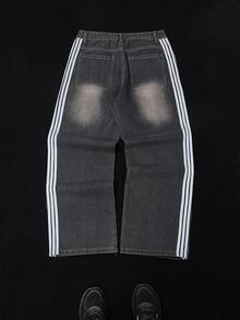 Y2K Side Stripe 5-Stripe Design Loose Wide-Leg Jeans, Street Fashion Pioneering Rock Style Denim Pants - Grey - View 2