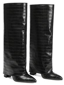 Women's Knee High Boots Fold Over Chunky High Heels Long Zipper Pointed Toe Boots Dress Fashion Winter Fall Boots For Women - mẫu đá đen - Xem 2