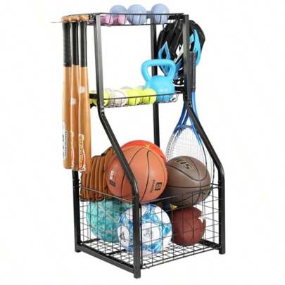 YueTong Sports Equipment Organizer For Garage OrganizationBall Storage With Basketball Holder And Ball Cart Rack Outdoor Toy Storage With Bin For Nerf Gun Football Volleyball Stuf Gym Accessories
