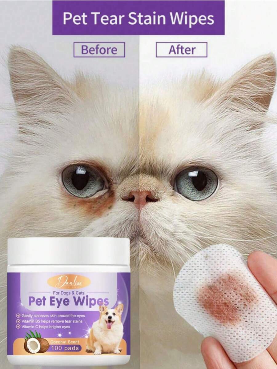 Cat Eye Cleaning Cotton Pads, Remove Tear Stains; Pet Eye Care Wet Wipes, Clean Eye Area Dirt And Skin Around Eyes. Dog & Cat Eye Wet Wipes - Gently Remove Tear Stains, Eye Debris, Secretions And Mucus - Coconut Oil Cleansing, Beautify And Remove Eye And Facial Odor - 100 Sheets