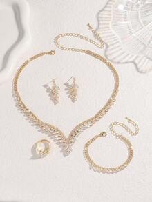 5pcs Luxury Rhinestone Geometric Necklace, Earrings, Bracelet, Ring Jewelry Set, Elegant & Fashionable For Wedding, Party, Daily Commute - Gold - View 5