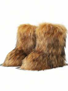 Women's Winter Furry Snow Boots Fuzzy Fluffy Round Toe Suede Booties Flat Heel Slip On Outdoor Indoor Shoes Fashion Warm Fluffy Shoes - 棕色 - 查看 5