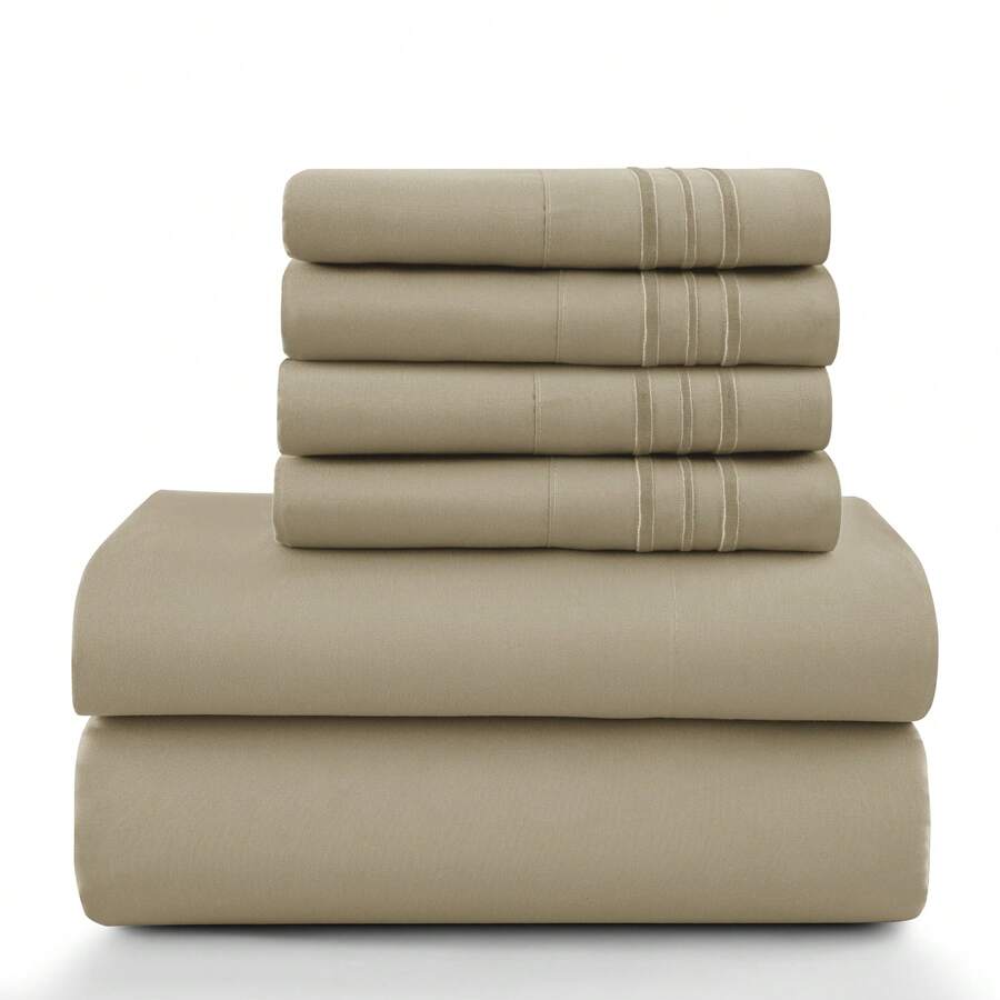 LUX DECOR 6-Piece Embroidered Bed Sheet Set – Brushed Microfiber, Deep Pocket, Lightweight & Breathable – Graduation Gifts, Home Decor, Sleep Protection For Dorms, Student Beds, Back‑To‑School Gift, Soft Bed Linens, Comfortable Sleep, Luxury Bed Set, Valentine's Day Bedroom, Spring Bedding Refresh, Guest Room Essentials, Dorm Room Bedding, Premium Bed Linens, Easy Care Sheets, Hypoallergenic Fabric, Year-Round Comfort, Master Bedroom Update, Matching Bedding Set, Hotel Quality Linens - 米色 - 查看 1