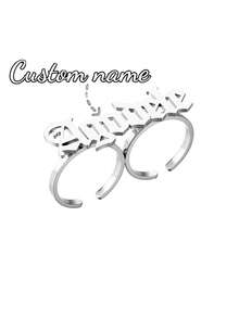 定制姓名戒指，双指戒指，不锈钢皇冠，心形，字母开口可调节情侣戒指，新娘首饰，送给她的周年纪念礼物，送给妈妈的母亲节礼物 - 銀色 - 查看 7