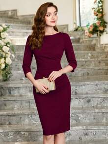 MIUSOL Ruched Zipper Back Slit Hem Bodycon Business Dress - Burgundy - View 6