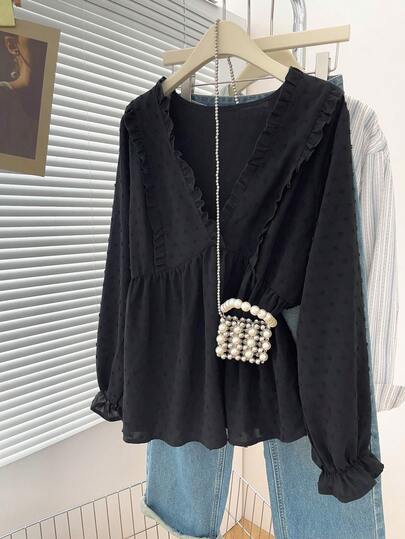 大码女式春季时尚休闲纯色提花荷叶边V领泡泡袖收腰上衣，适合约会、外出、参加婚礼、春季穿着