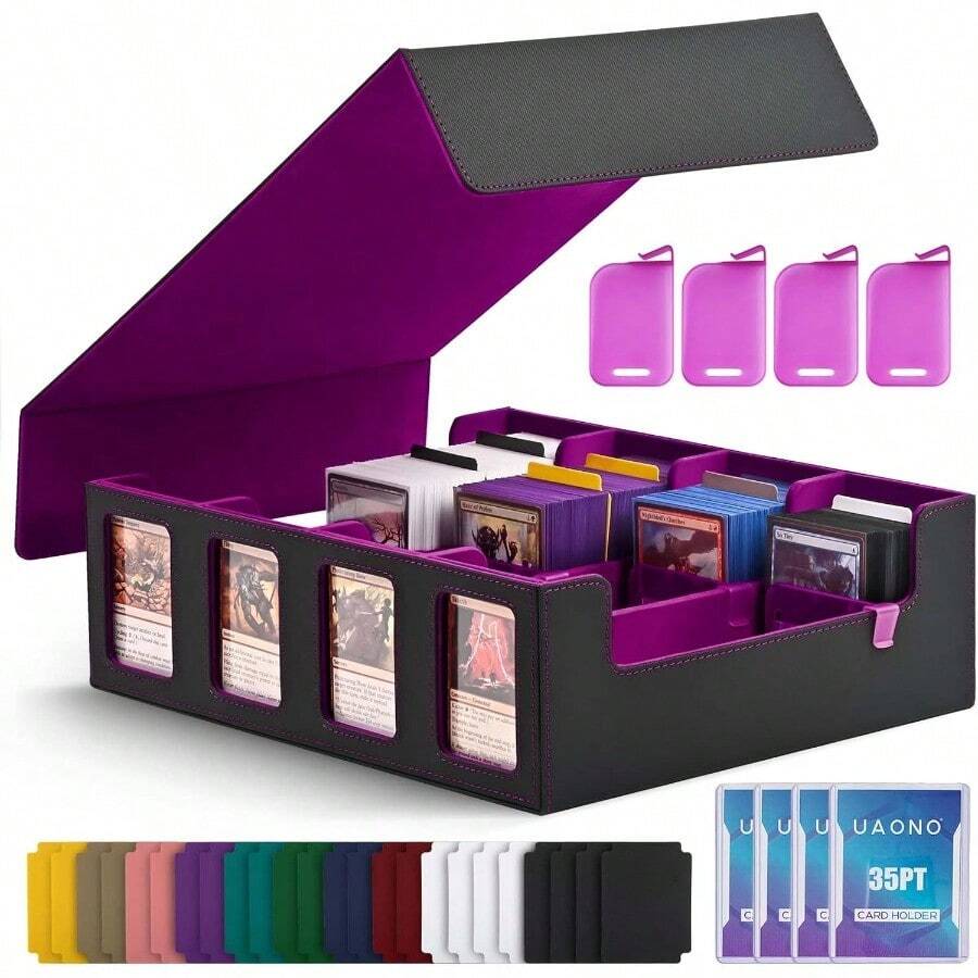 Trading Card Storage Box With Commander Display; 2400+ Deck Box For MTG With Removable Cover; Card Case Fits Magic TCG PTCG Sports Cards; 24 Dividers 4 Stoppers Black Purple - BlackPurple - 查看 1