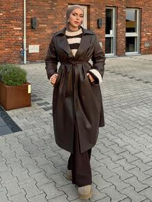 DAZY 新款秋冬宽松休闲优雅加厚PU长款女式常规外套，款式端庄时尚 - 咖啡棕 - 查看 5