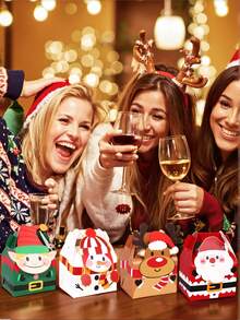 12 PIEZAS/1 PIEZA Cajas de cartón con asas para dulces navideños con estampado 3D vibrante para regalos de fiesta, dulces, chocolates y obsequios (Estilo de cabeza grande) - Combinación navideña A - Ver 4