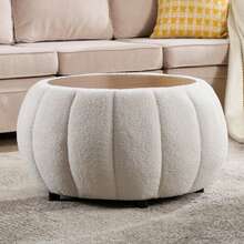 YDCOSYFY 30 Inches Large Round  Ottoman With Storage,Pumpkin Shape Upholstered Ottoman Coffee Table, With Removable Wooden Top, Soft Teddy Fabric Surface, For Living Room, Bedroom - 白色 - 查看 3