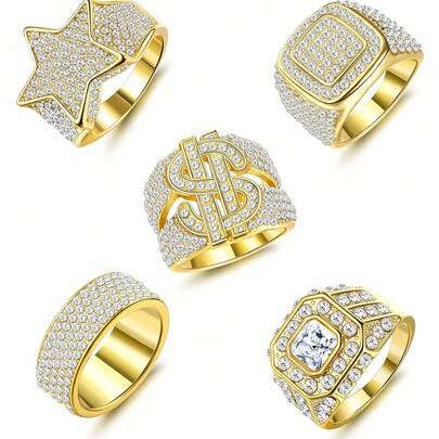 Un juego de 5 anillos de lujo para hombres con incrustaciones de diamantes, un anillo que muestra la presencia de un hombre y es adecuado para que los hombres lo usen