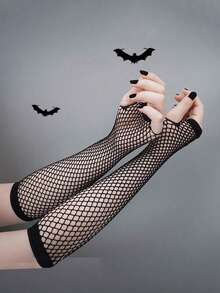 1 Pair Black Fishnet Gloves, Stretchy Mesh Arm Sleeves, Fingerless, Personalized Styling, Long/Short, Sun Protection, Suitable For Nightclub, Party, Etiquette - Black - View 4