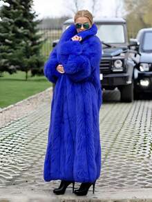 Comfortable Women's Long Faux Fur Coat, Oversized Fit, Royal Blue, Waterfall Collar, Regular Sleeve, Fuzzy Details, Non-Stretch Fabric Winter - 寶藍色 - 查看 8