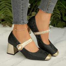 Women's High Heels, French Retro Pearl Buckle High Heels, Embroidered Fabric Upper, Comfortable Lining Fabric, Thick Heel Square Toe Jacquard Women's Shoes, Elegant Temperament Women's Shoes, Suitable For Leisure Travel, Holiday Parties - 黑色 - 查看 5