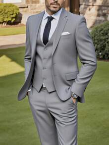 3-Piece Solid Color Men's Suit Set, Regular Fit, With Pockets And Buttons, Suitable For Going Out On Dates, Anniversary Photoshoots, Formal Occasions, Dinners, And Daily Wear, (Applicable For) Valentine's Day - 灰色 - 查看 1