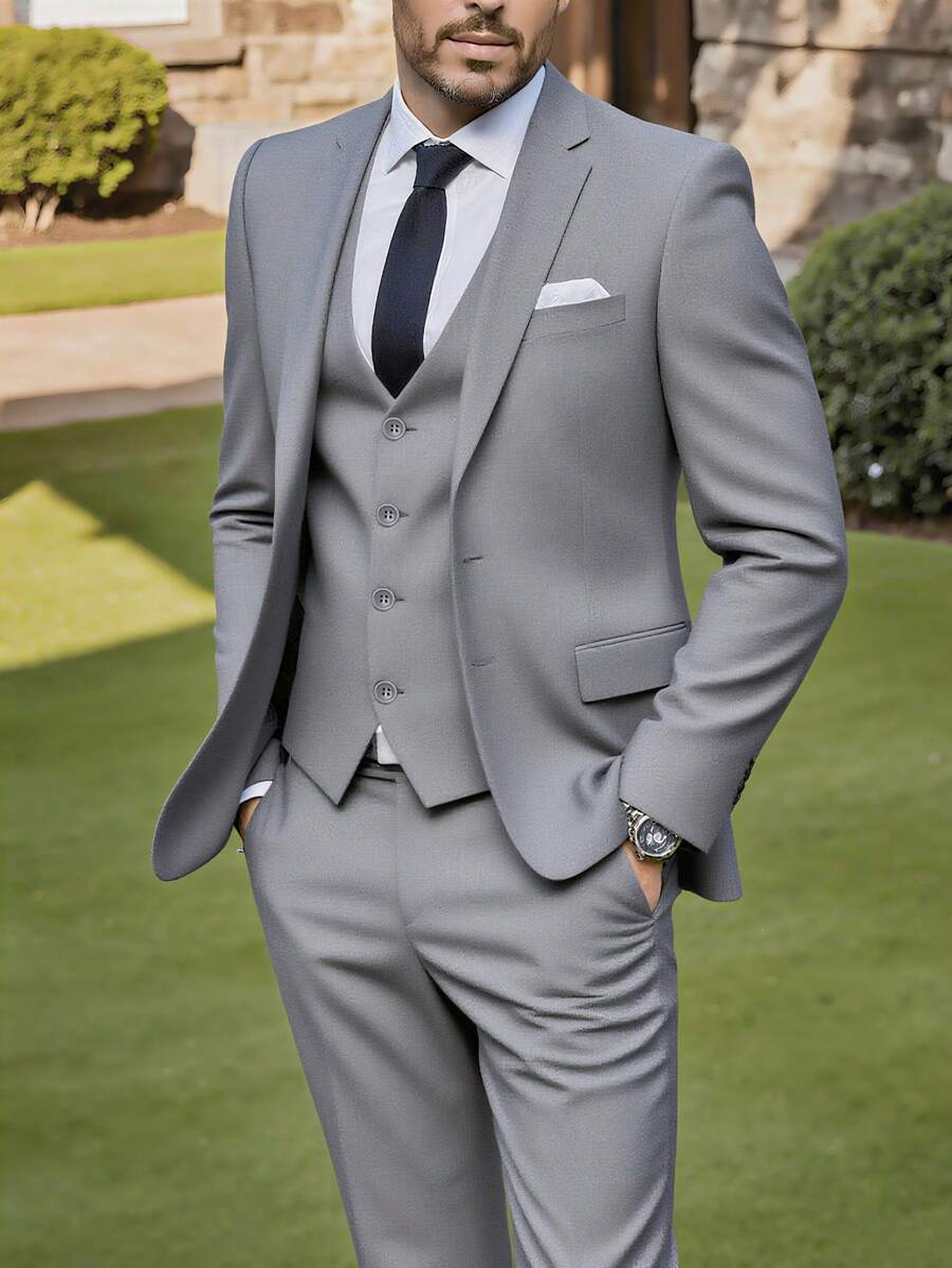3-Piece Solid Color Men's Suit Set, Regular Fit, With Pockets And Buttons, Suitable For Going Out On Dates, Anniversary Photoshoots, Formal Occasions, Dinners, And Daily Wear, (Applicable For) Valentine's Day - 灰色 - 查看 1