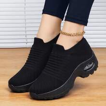 女士空气垫舒适减震针织系带休闲舞鞋，运动休闲，适合女士步行一脚蹬鞋