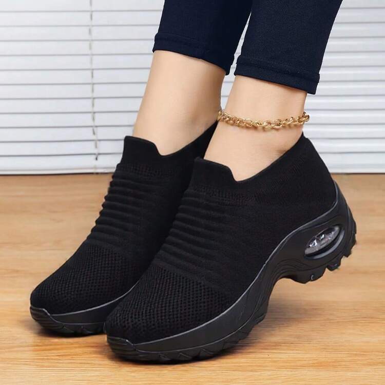 Women's Air Cushion Comfortable Shock Absorption Knitted Tying Slouchy Dance Shoes, Sports & Casual, For Walking Slip-On Shoes For Women - Black - View 8
