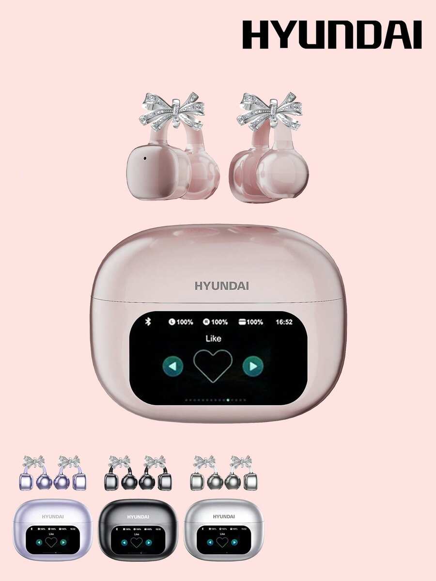 HYUNDAI HY-C02 Fashion Bluetooth Earphones With Bow Earphone Accessory, Touch Control Screen, Multifunctional Smart Noise Cancelling, Long Battery Life, High-Quality Music, Clear Calls, Low Latency, Comfortable Open-Ear Wireless Earphones, No Piercing Earrings, Fashionable Accessory, Gift For Women - 多色+蝴蝶結耳飾 - 查看 1