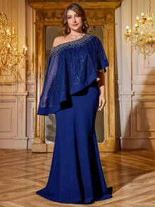 SUPGIR Plus Women's One-Shoulder Asymmetrical Cape Sleeve Handmade Bright Diamond Chiffon Slim-Fitting Evening Dress - Royal Blue - View 2