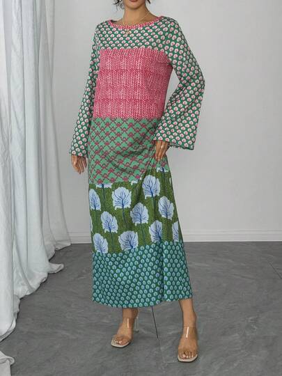1 chiếc đầm dài tay dài dáng suông màu xanh lá cây, phối màu toàn thân, cổ tròn, in họa tiết, kiểu dáng thanh lịch, phong cách Ả Rập, đầm maxi sang trọng, đầm dạ hội cao cấp, áo choàng Abaya Ả Rập màu hồng mùa xuân