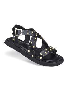 Loris Shoes Oficial Women's  Flat Sandal Flat X Buckle Spike Comfortable 009-085 - 黑色 - 查看 9