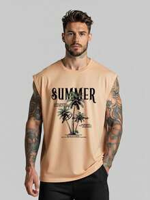 Oversized Tank Top Streetwear Summer Printed Unisex Scoop Neck Shirt Loose Cotton T-Shirt Men Women - 米色 - 查看 1