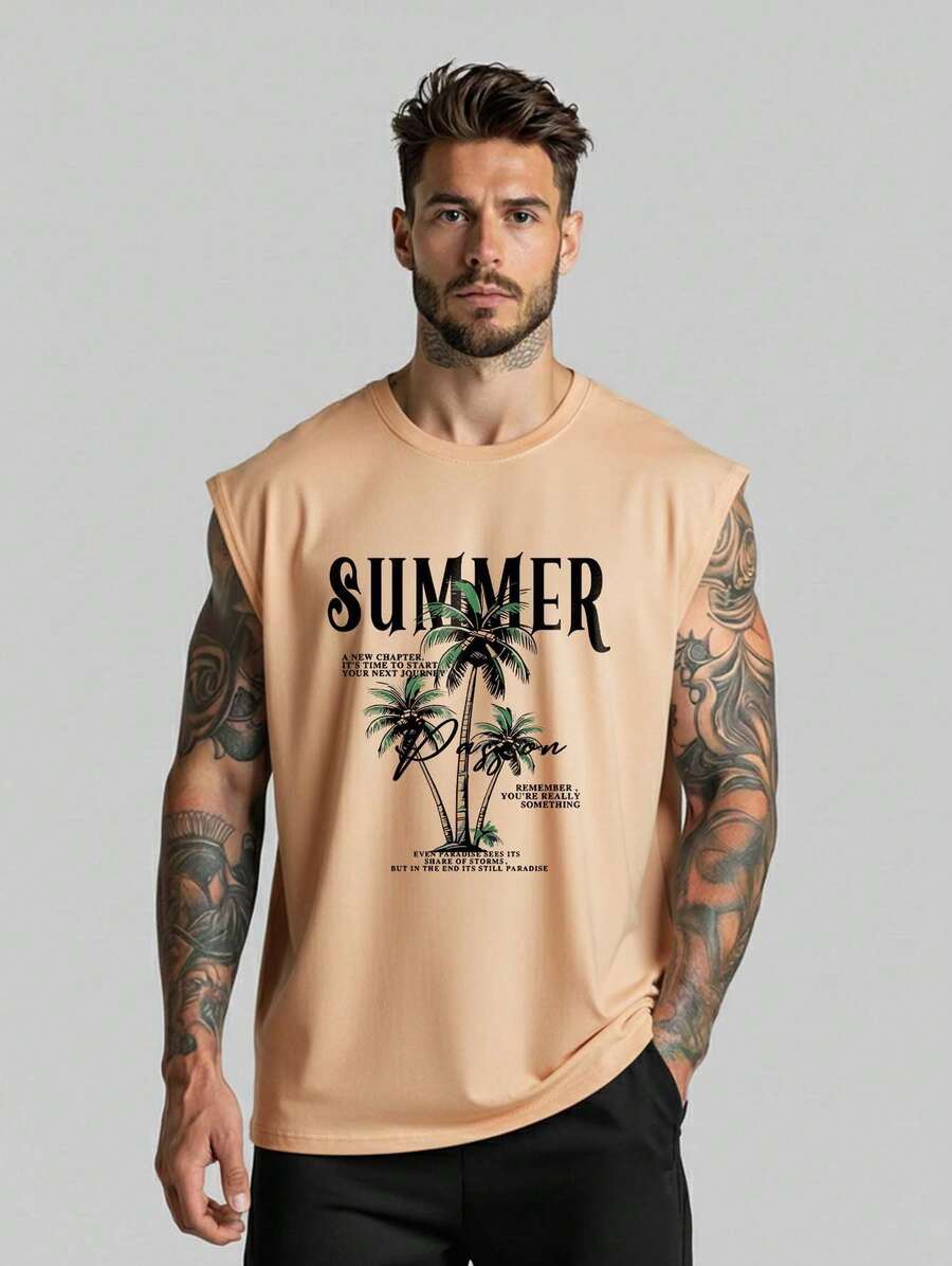 Oversized Tank Top Streetwear Summer Printed Unisex Scoop Neck Shirt Loose Cotton T-Shirt Men Women - 米色 - 查看 1