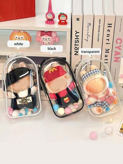 1个透明防尘娃娃收纳盒，带钥匙扣配件 - 高品质透明塑料展示盒，娃娃收纳盒，适合作为节日礼物、生日礼物、礼品包装（毛绒球颜色随机） - 不含娃娃