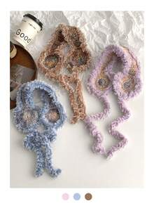 1个Y2K风格蕾丝蝴蝶结流苏针织渐变色耳罩，手工舒适蓬松耳套，适合冬季，学生白色耳罩 - 彩色 - 查看 10