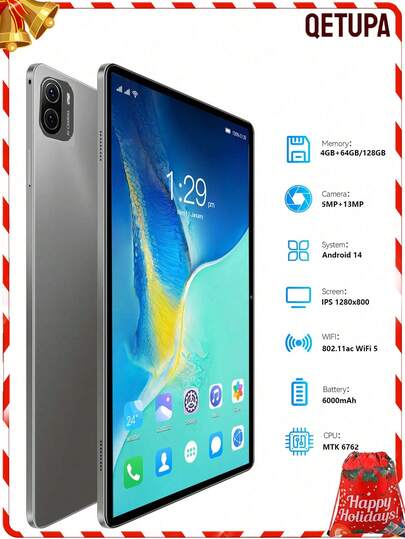 Qetupa 10.1-Inch Pad 5 Pro Android 14 Tablet PC, 4GB RAM + 64GB/128GB ROM, MTK 6762 Octa-Core 2.0GHz Processor, 5MP Front Camera And 13MP Rear Camera, 6000mAh Large Battery, High Definition (1280x800) IPS Touchscreen, Supports Bluetooth 5.4 And 802.11ac WiFi 5, Does Not Support SIM Card