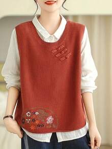 Chaleco Bordado Floral para Mujer, Sin Mangas con Cuello Redondo, Atuendos Casuales e Informales de Otoño-Invierno, Chalecos Versátiles, Tejido Elegante No Transparente - Rojo - Ver 3